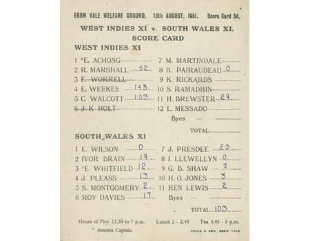 WEST INDIES XI V SOUTH WALES XI 1951 CRICKET SCORECARD (WEEKES, WALCOTT, RAMADHIN ETC)