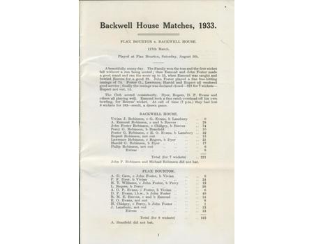 FLAX BOURTON V BACKWELL HOUSE 1933 (ROBINSON FAMILY) CRICKET SCORECARD