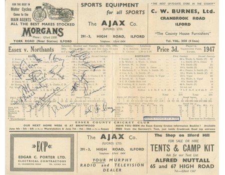 ESSEX V NORTHAMPTONSHIRE 1947 (TIED MATCH) CRICKET SCORECARD - SIGNED BY ESSEX TEAM