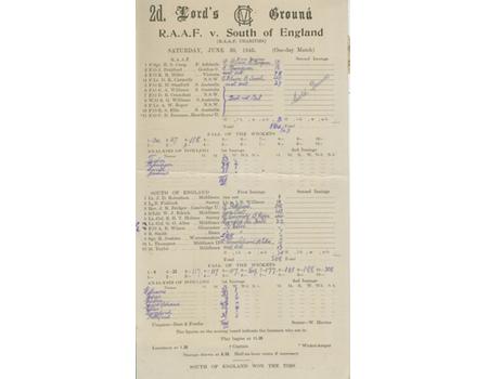 R.A.A.F. V SOUTH OF ENGLAND 1945 (ALLEN OUT "HANDLED THE BALL") CRICKET SCORECARD