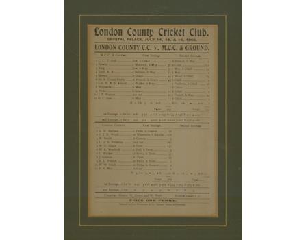 LONDON COUNTY CC V MCC & GROUND 1902 CRICKET SCORECARD - SIR ARTHUR CONAN DOYLE
