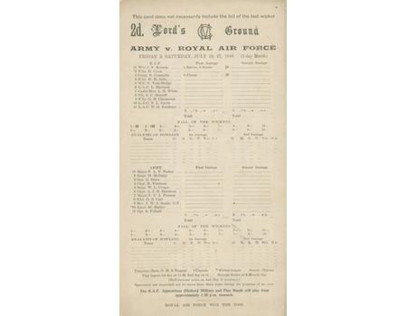 ARMY V ROYAL AIR FORCE 1946 CRICKET SCORECARD