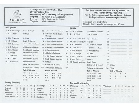 SURREY V DERBYSHIRE 2000 CRICKET SCORECARD - BUTCHER 4 WICKETS IN 4 BALLS