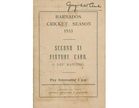 BARBADOS CRICKET SEASON 1933 (SECOND XI FIXTURE CARD)