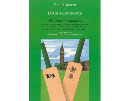 BARBADIAN XI V LORDS AND COMMONS XI 1990 CRICKET PROGRAMME