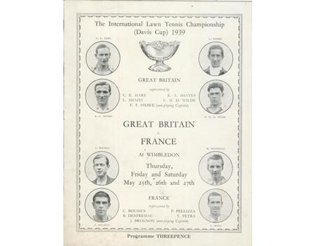 GREAT BRITAIN V FRANCE 1939 (DAVIS CUP) TENNIS PROGRAMME