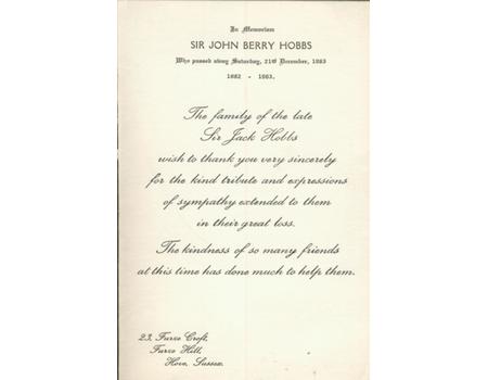 JACK HOBBS IN MEMORIAM CARD 1963