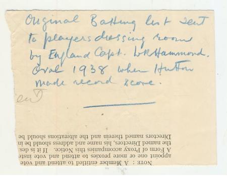 ORIGINAL ENGLAND BATTING LIST FOR OVAL ASHES TEST 1938 - HUTTON