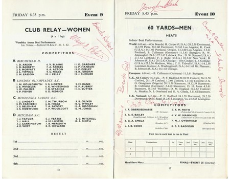 INDOOR ATHLETICS PROGRAMME 1963 (WEMBLEY) - SIGNED BY MARY PETERS AND MANY MORE
