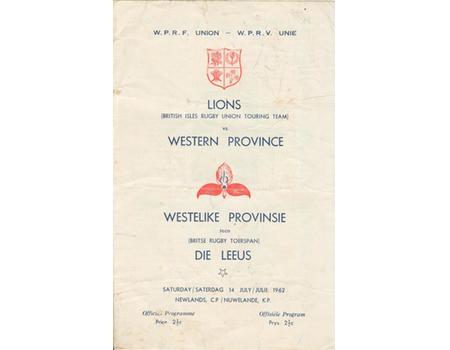 WESTERN PROVINCE V BRTISH ISLES 1962 RUGBY PROGRAMME