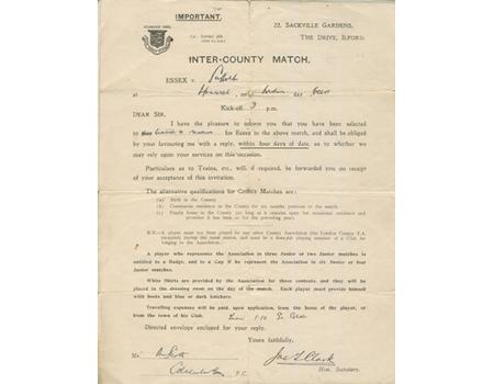 ESSEX COUNTY FOOTBALL SELECTION LETTER 1925 - R. SCOTT OF COLCHESTER TOWN