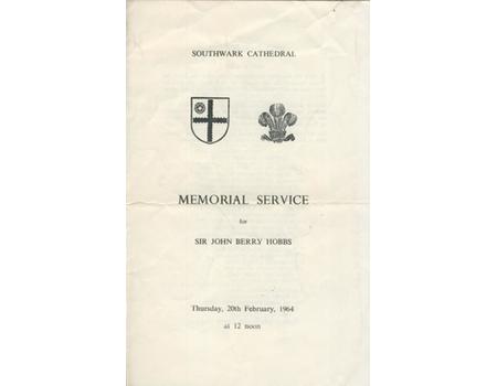 SIR JACK HOBBS 1964 MEMORIAL SERVICE (SOUTHWARK CATHEDRAL)