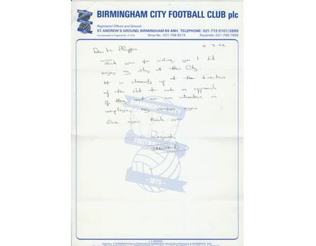 TERRY COOPER HANDWRITTEN LETTER - RELATING TO BIRMINGHAM CITY AND EXETER CITY