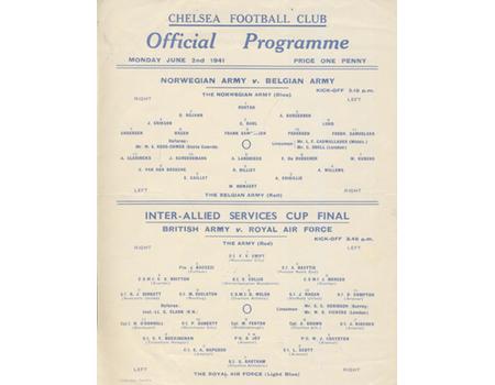 INTER-ALLIED SERVICES CUP FINAL 1941 FOOTBALL PROGRAMME - PLAYED AT STAMFORD BRIDGE (WITH NORWEGIAN ARMY V BELGIAN ARMY)