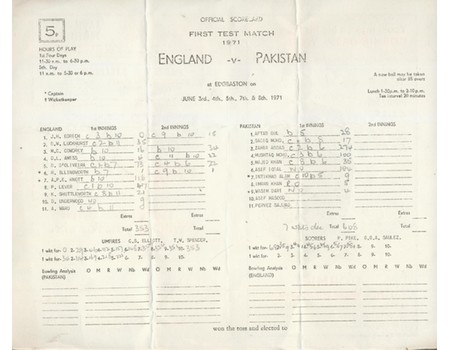 ENGLAND V PAKISTAN 1971 (EDGBASTON) CRICKET SCORECARD - ZAHEER 274