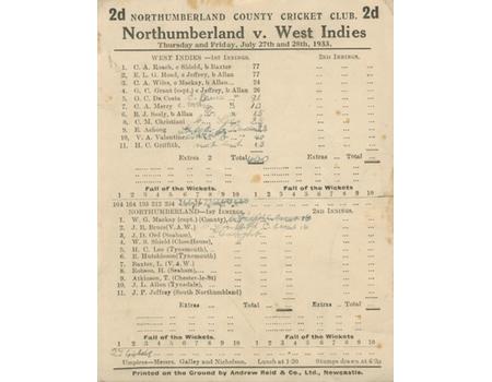 NORTHUMBERLAND V WEST INDIES 1933 CRICKET SCORECARD