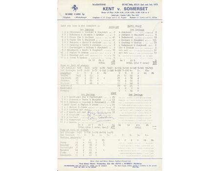 KENT V SOMERSET 1973 CRICKET SCORECARD - COWDREY