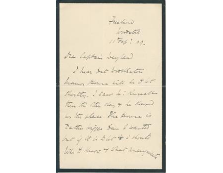 ALFRED HAMERSLEY 1909 HANDWRITTEN LETTER - SECOND ENGLAND RUGBY CAPTAIN AND HELPED INTRODUCE RUGBY TO NEW ZEALAND AND CANADA