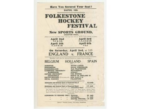 ENGLAND V FRANCE 1926 HOCKEY FLYER (FOLKESTONE HOCKEY FESTIVAL)
