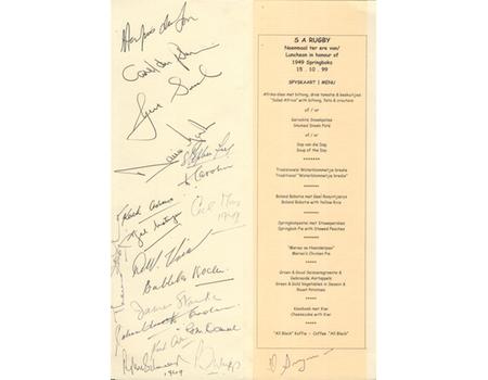 SOUTH AFRICA RUGBY TEAM 1949 50TH ANNIVERSARY LUNCHEON MENU (1999) - SIGNED BY MANY