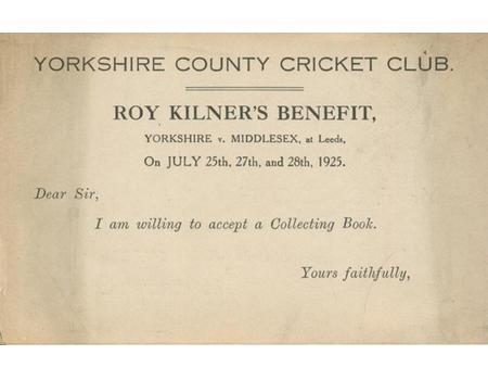 ROY KILNER (YORKSHIRE) CRICKET BENEFIT 1925 - POSTCARD