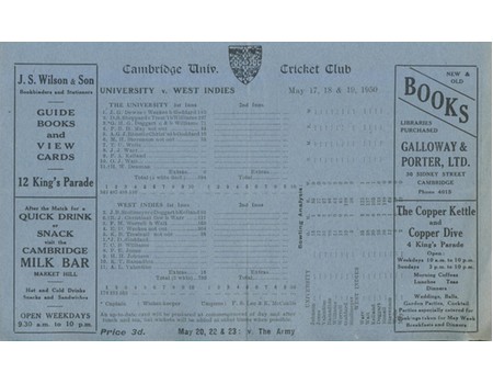 CAMBRIDGE UNIVERSITY V WEST INDIES 1950 CRICKET SCORECARD - WEEKES 304*