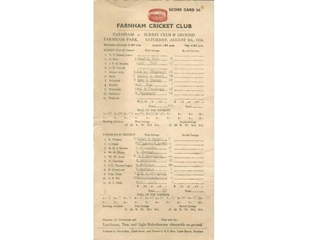 FARNHAM V SURREY CLUB & GROUND 1936 SIGNED CRICKET SCORECARD