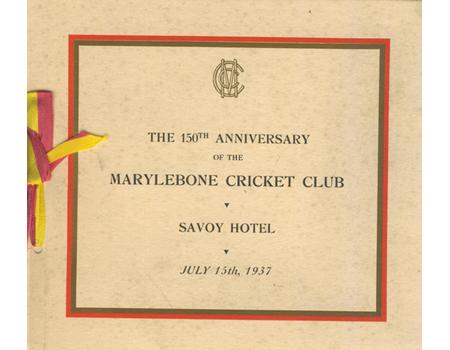 MARYLEBONE CRICKET CLUB 150TH ANNIVERSARY DINNER MENU 1937