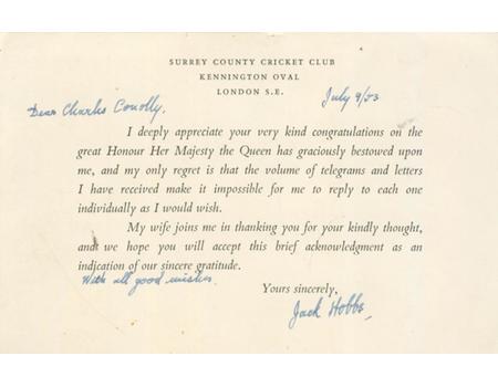 JACK HOBBS 1953 - SIGNED CARD RELATING TO HIS KNIGHTHOOD
