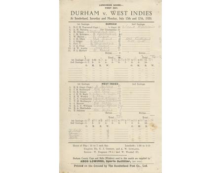 DURHAM V WEST INDIES 1939 CRICKET SCORECARD