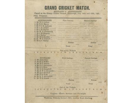 SCOTLAND V AUSTRALIA 1921 CRICKET SCORECARD