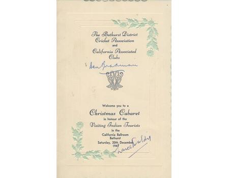 INDIAN CRICKET TOUR TO AUSTRALIA 1947 MENU CARD - SIGNED BY BRADMAN