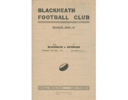 BLACKHEATH V RICHMOND 1947 RUGBY PROGRAMME