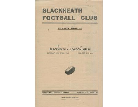 BLACKHEATH V LONDON WELSH 1947 RUGBY PROGRAMME