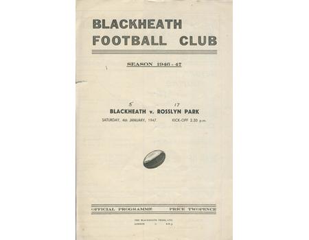 BLACKHEATH V ROSSLYN PARK 1947 RUGBY PROGRAMME