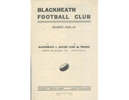 BLACKHEATH V RACING CLUB DE FRANCE 1946 RUGBY PROGRAMME