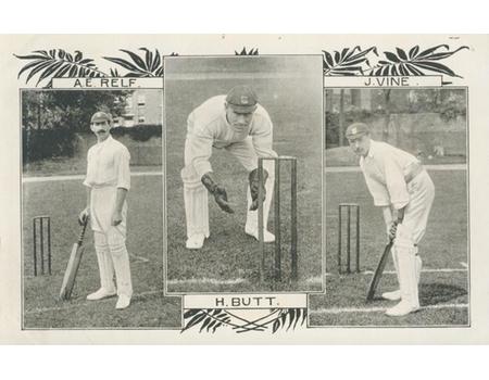 A.E. RELF, H. BUTT AND J. VINE CRICKET POSTCARD - SUSSEX CRICKETERS