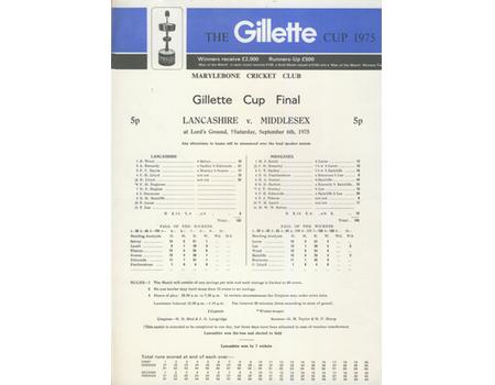 LANCASHIRE V MIDDLESEX 1975 GILLETTE CUP FINAL CRICKET SCORECARD