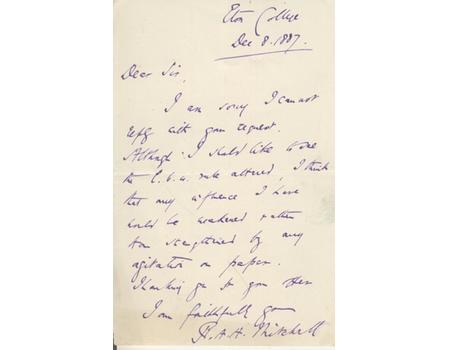 R.A.H. ("MIKE") MITCHELL (ETON COLLEGE) 1887 CRICKET LETTER