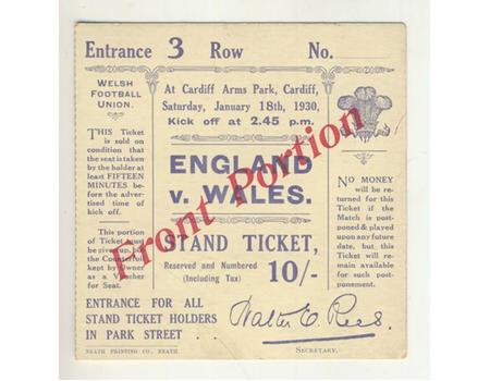 WALES V ENGLAND 1930 RUGBY TICKET