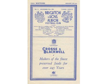 BRIGHTON & HOVE ALBION V WATFORD 1954-55 FOOTBALL PROGRAMME