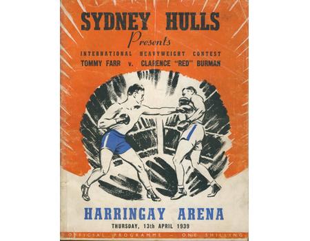 TOMMY FARR V CLARENCE "RED" BURMAN 1939 BOXING PROGRAMME