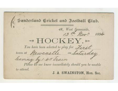SUNDERLAND HOCKEY CLUB 1894 SELECTION CARD (ASHBROOKE SPORTS CLUB)