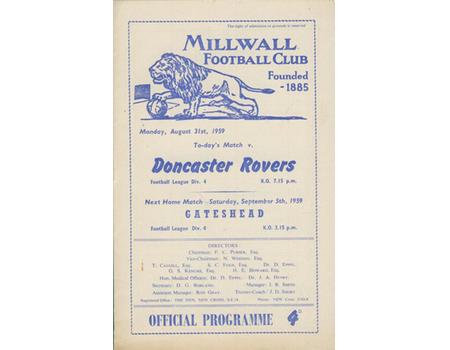 MILLWALL V DONCASTER ROVERS 1959-60 FOOTBALL PROGRAMME