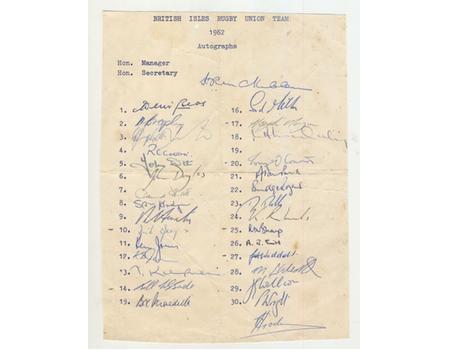 BRITISH LIONS TOUR TO SOUTH AFRICA 1962 AUTOGRAPH SHEET