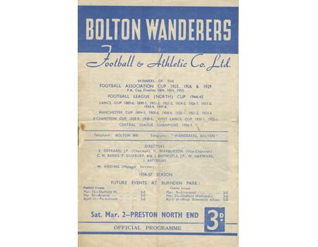 BOLTON WANDERERS V PRESTON NORTH END 1956-57 FOOTBALL PROGRAMME