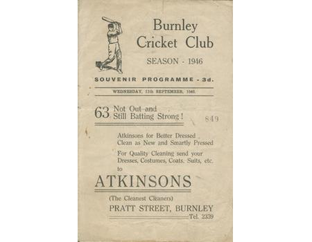 INDIA V PROFESSIONAL XI (BURNLEY CRICKET CLUB) 1946 CRICKET PROGRAMME