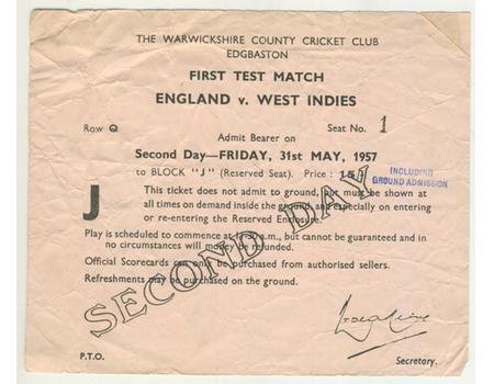 ENGLAND V WEST INDIES 1957 (EDGBASTON) CRICKET MATCH TICKET