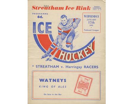 STREATHAM V HARRINGAY RACERS 1950-51 ICE HOCKEY PROGRAMME