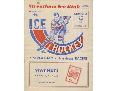 STREATHAM V HARRINGAY RACERS 1950-51 ICE HOCKEY PROGRAMME